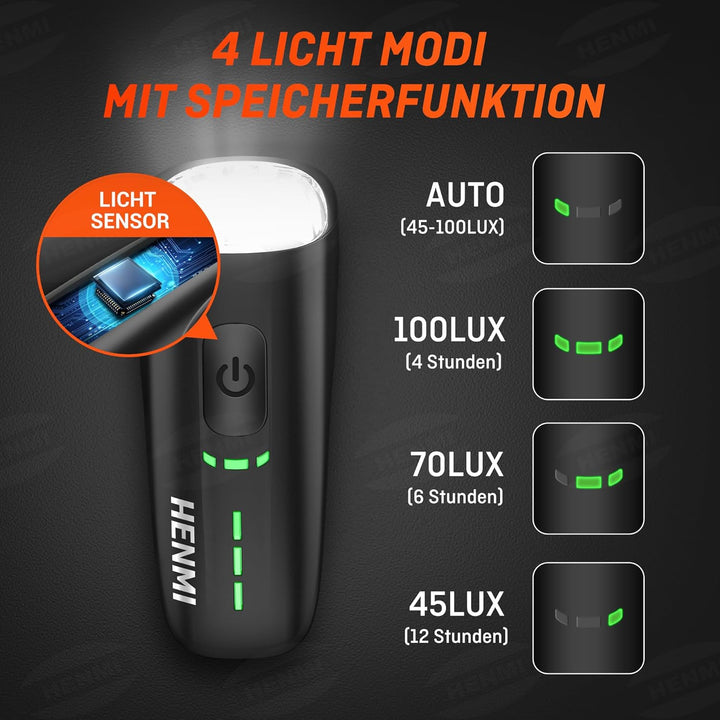 HENMI Fahrradlicht Vorne Upgrade-mit Speicherfunktion , StVZO Zugelassen Auto Fahrradlampe Vorne,USB Aufladbar Fahrrad licht Fahrradbeleuchtung 100 Lux mit 4 Beleuchtungsmodi,IPX5 Wasserdicht