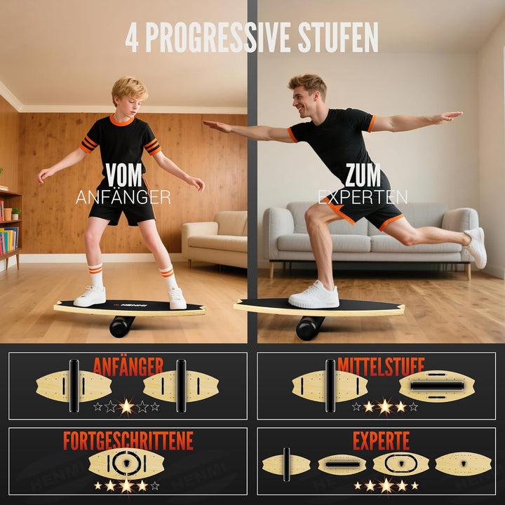 HENMI Balance Board aus Holz - Balancebrett mit rutschfester Oberfläche, Indoor Skateboard Surfin Balance Board für Gleichgewichtstraining, Koordination, Home Fitness
