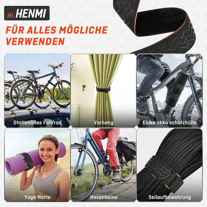 HENMI Fahrradträger Gurte, 4 Stück Verstellbare Fahrrad Spanngurte, Stabilisator Gurte mit Haken und Schlaufe für Fahrrad Transport und Aufbewahrung (70cm*4cm)