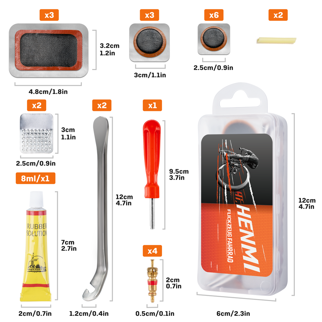 HENMI Flickzeug Fahrrad Reparaturset, Tragbar Fahrrad Flickzeug Set mit Reifenreparaturkleber, Patch, Metall Reifenheber, Fahrrad Ventileinsatz, Ventilschlüssel Kompatibel mit Allen Fahrradschläuchen