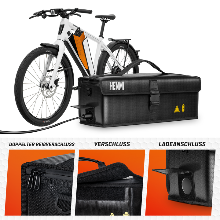 HENMI Ebike Akku Tasche, 1000 °C Feuerfest Zum Sicheren Lagern, Transportieren, Laden,