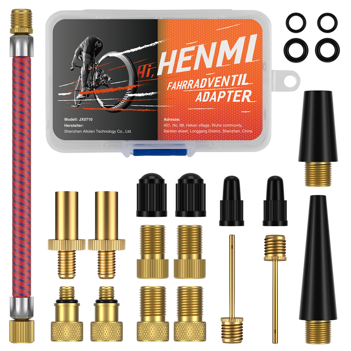 HENMI Fahrradventil Adapter Set, Alle Ventiladapter Fahrrad, Autoventil Adapter und französisches Ventil Adapter mit Sortierbox, Luftpumpe Adapter, Ballnadel und Kompressor Ventiladapter