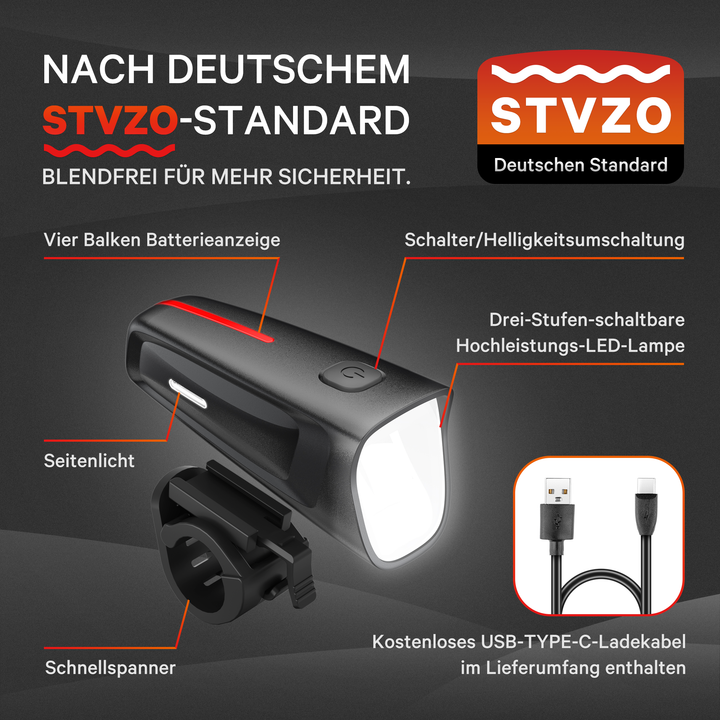 HENMI LED Fahrradlicht Vorne 100 LUX,Fahrradbeleuchtung stvzo zugelassen,Fahrradlampe USB Aufladbar mit Batterie Aufforderung schwach und 3 Leuchtmodi,IPX5 Wasserdicht und Blendfreies Design