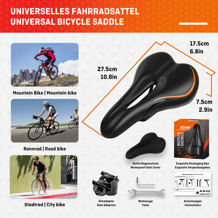 HENMI Fahrradsattel Herren Damen Bequem Weich, Ergonomisch Stoßdämpfend Fahrrad Sattel für Mountainbike MTB Trekking E-Bike Rennrad Fahrradsitz