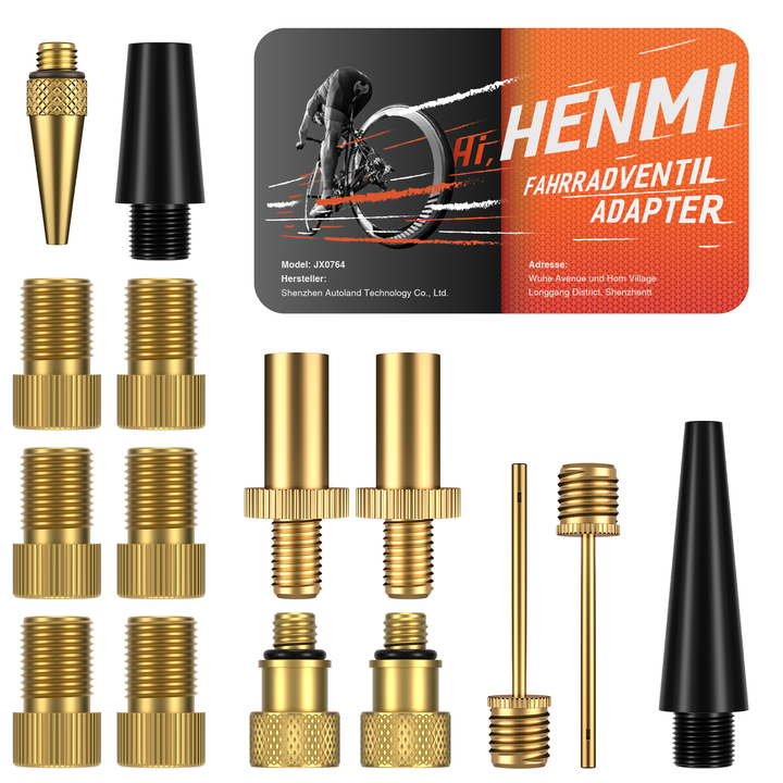 HENMI Fahrradventil Adapter Set, Alle Fahrrad Adapter Französisches Ventil, Autoventil Adapter und Französisches Ventil Adapter mit Sortierbox, Luftpumpe, Ballnadel und Kompressor Ventiladapter