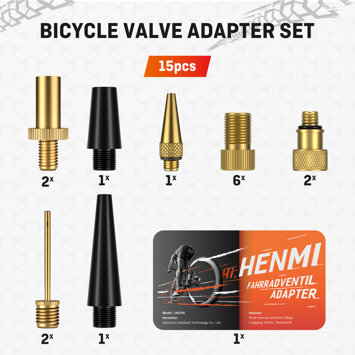 HENMI Fahrradventil Adapter Set, Alle Fahrrad Adapter Französisches Ventil, Autoventil Adapter und Französisches Ventil Adapter mit Sortierbox, Luftpumpe, Ballnadel und Kompressor Ventiladapter